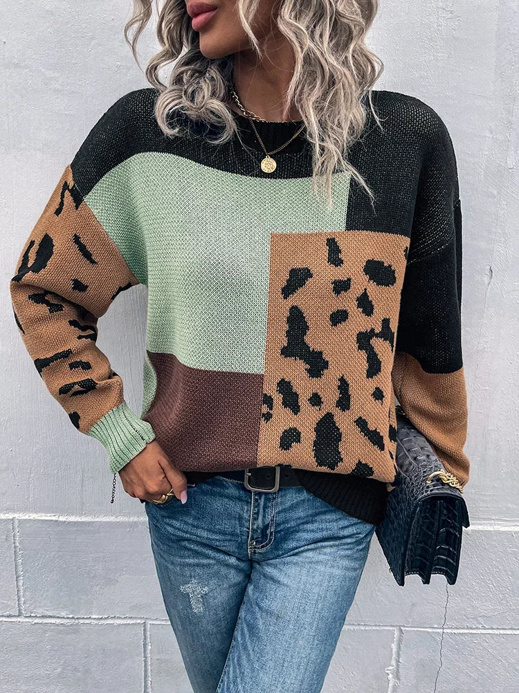 Mila Leopard Patchwork Sweater – Cozy Knit with Relaxed Fit for Women 0