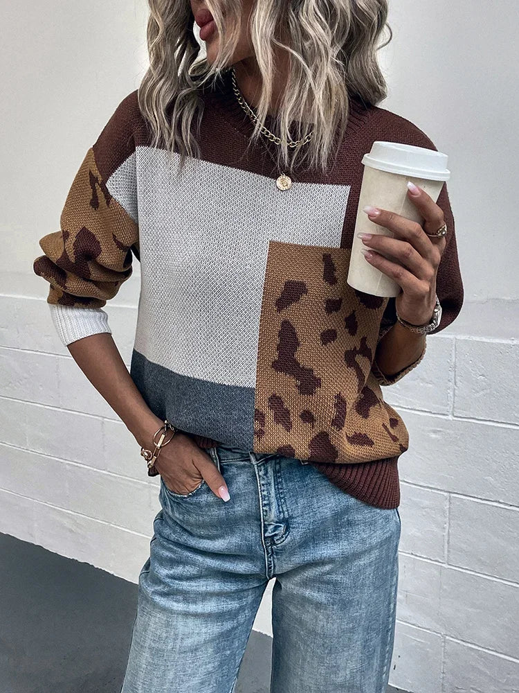 Mila Leopard Patchwork Sweater – Cozy Knit with Relaxed Fit for Women 1