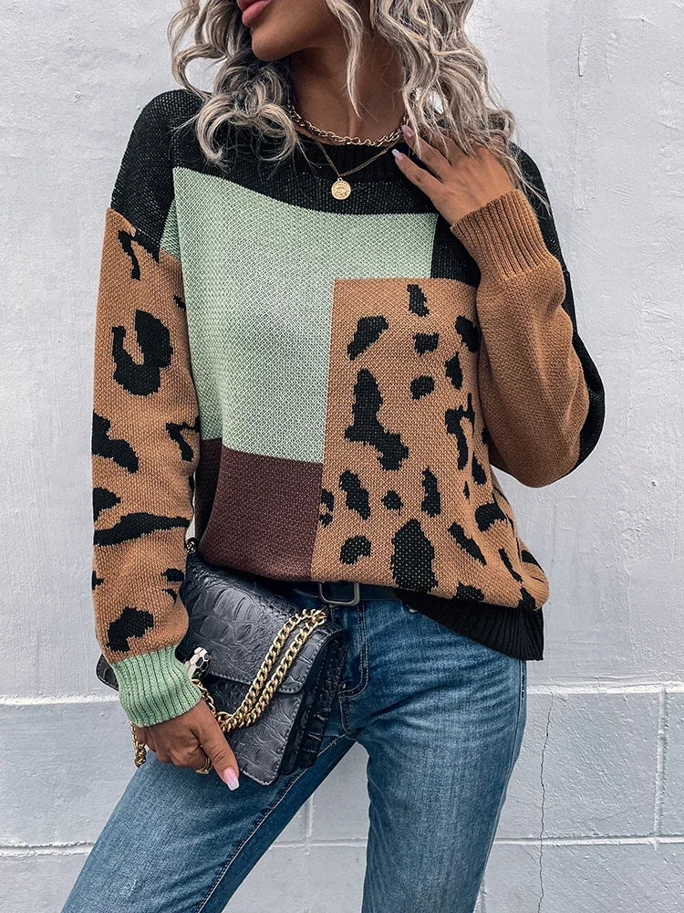 Mila Leopard Patchwork Sweater – Cozy Knit with Relaxed Fit for Women 2