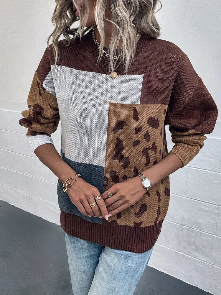 Mila Leopard Patchwork Sweater – Cozy Knit with Relaxed Fit for Women 3