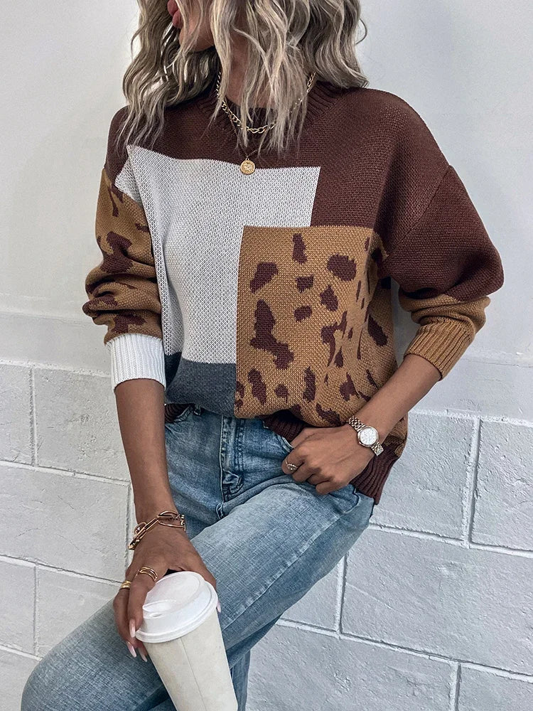 Mila Leopard Patchwork Sweater – Cozy Knit with Relaxed Fit for Women 4