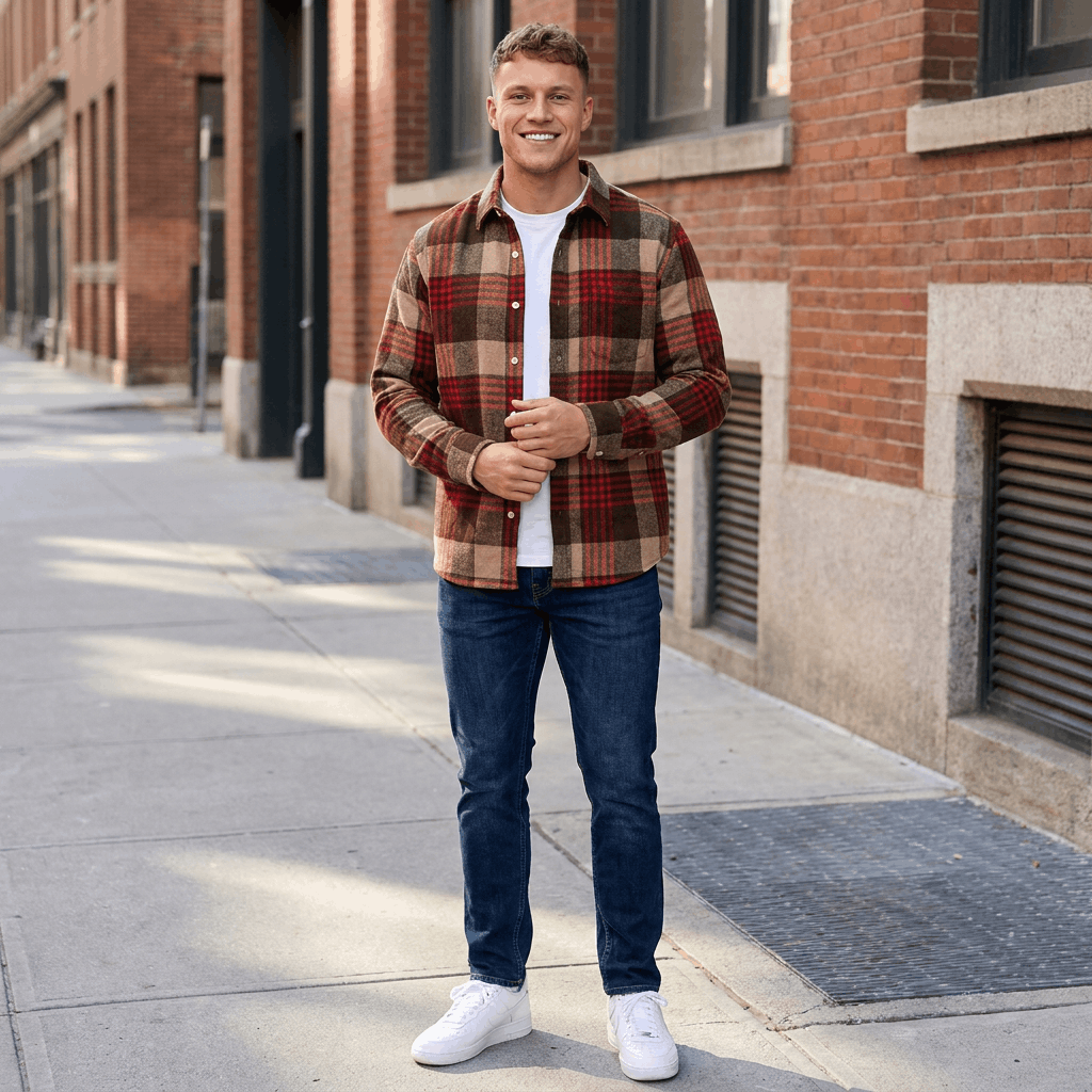 Man wearing a red and brown plaid overshirt jacket with dark jeans and white sneakers while standing on a city sidewalk.