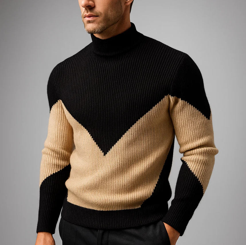 Marriott Men's Chevron Turtleneck Sweater – Thick Ribbed Knit for Fall Layering
