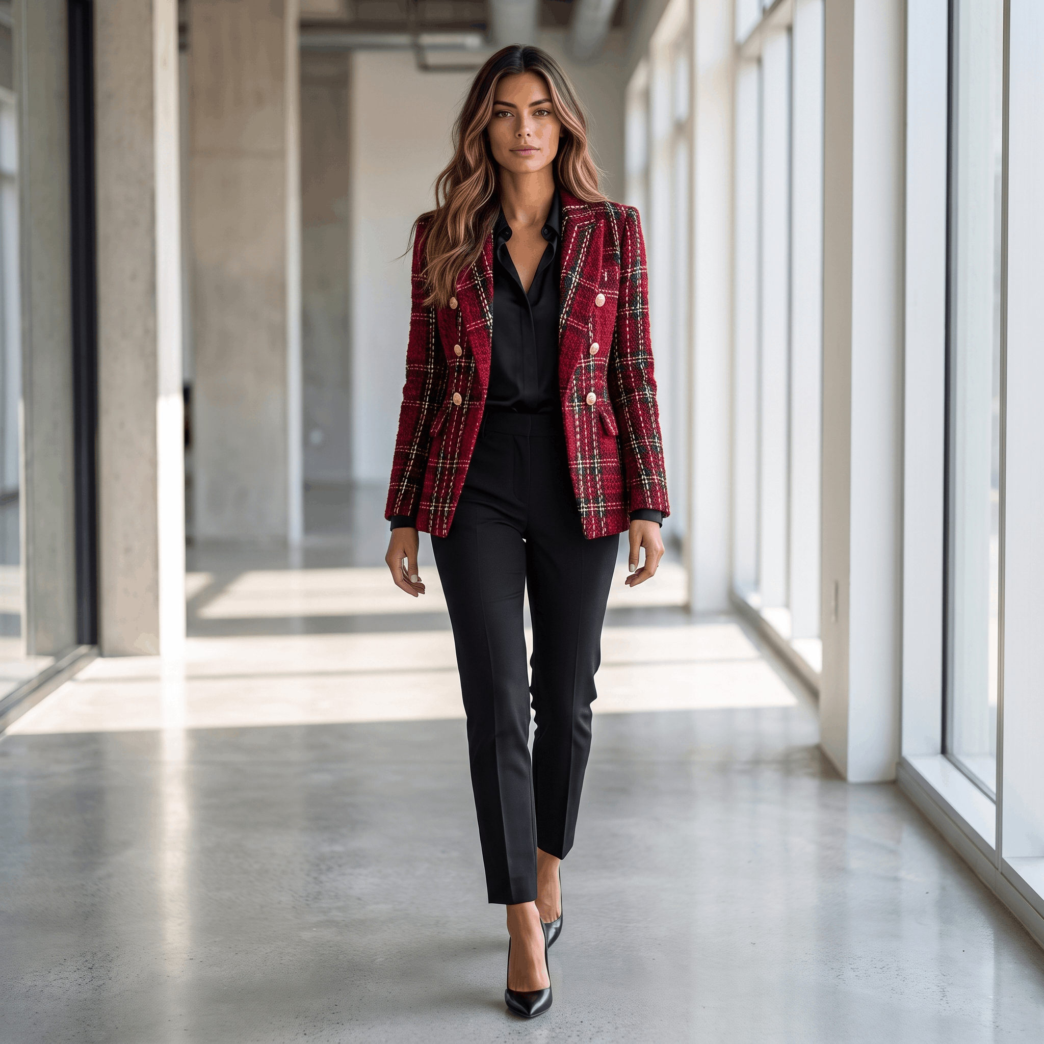 Woman wearing a red plaid tweed blazer with black trousers and ankle boots while walking through a bright modern interior.
