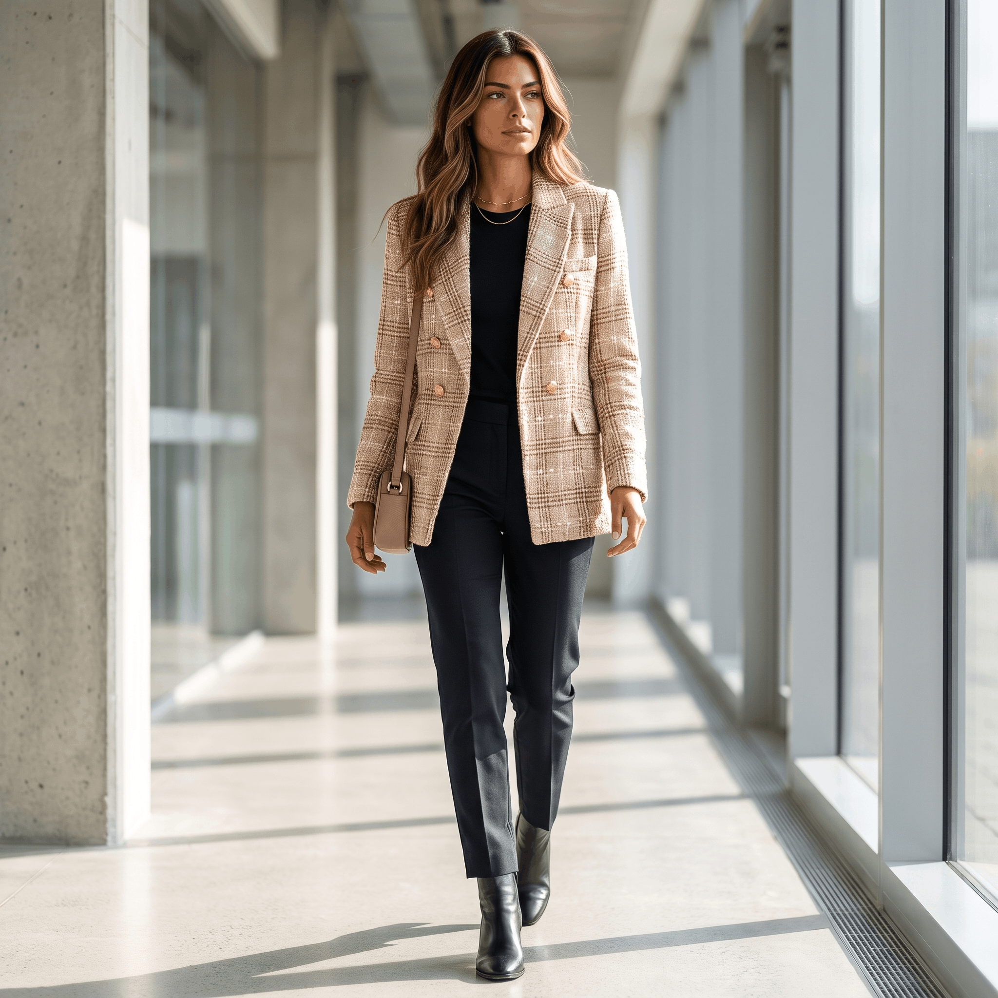 Woman wearing a beige plaid tweed blazer with black trousers and ankle boots while walking through a bright modern hallway.