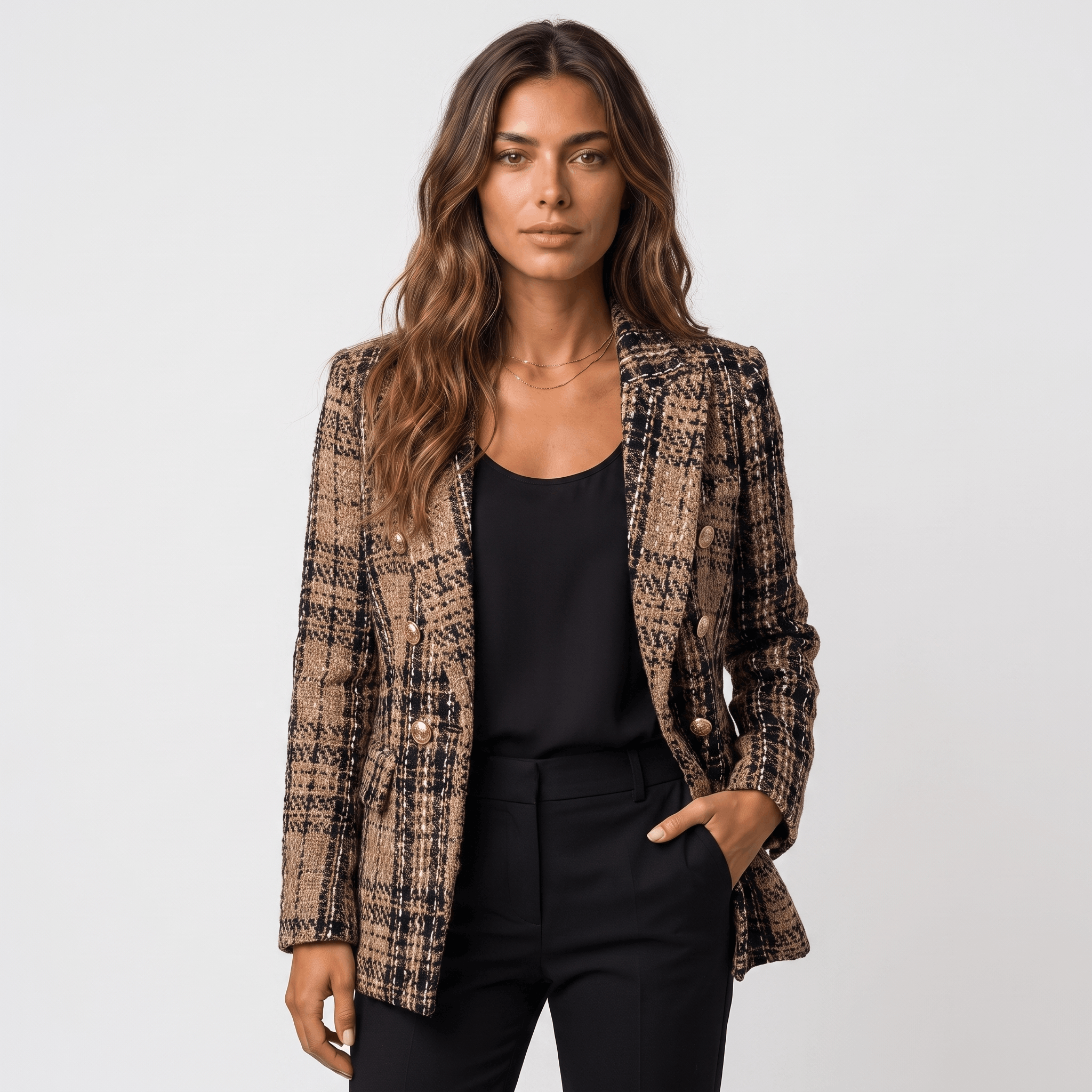 Woman wearing a brown plaid tweed blazer with gold-tone buttons, notched lapels, and tailored silhouette over a black top and trousers.