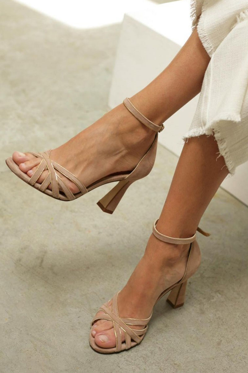 Nina Nude Block Heel Pumps – Soft Faux Suede with Criss-Cross Straps 0