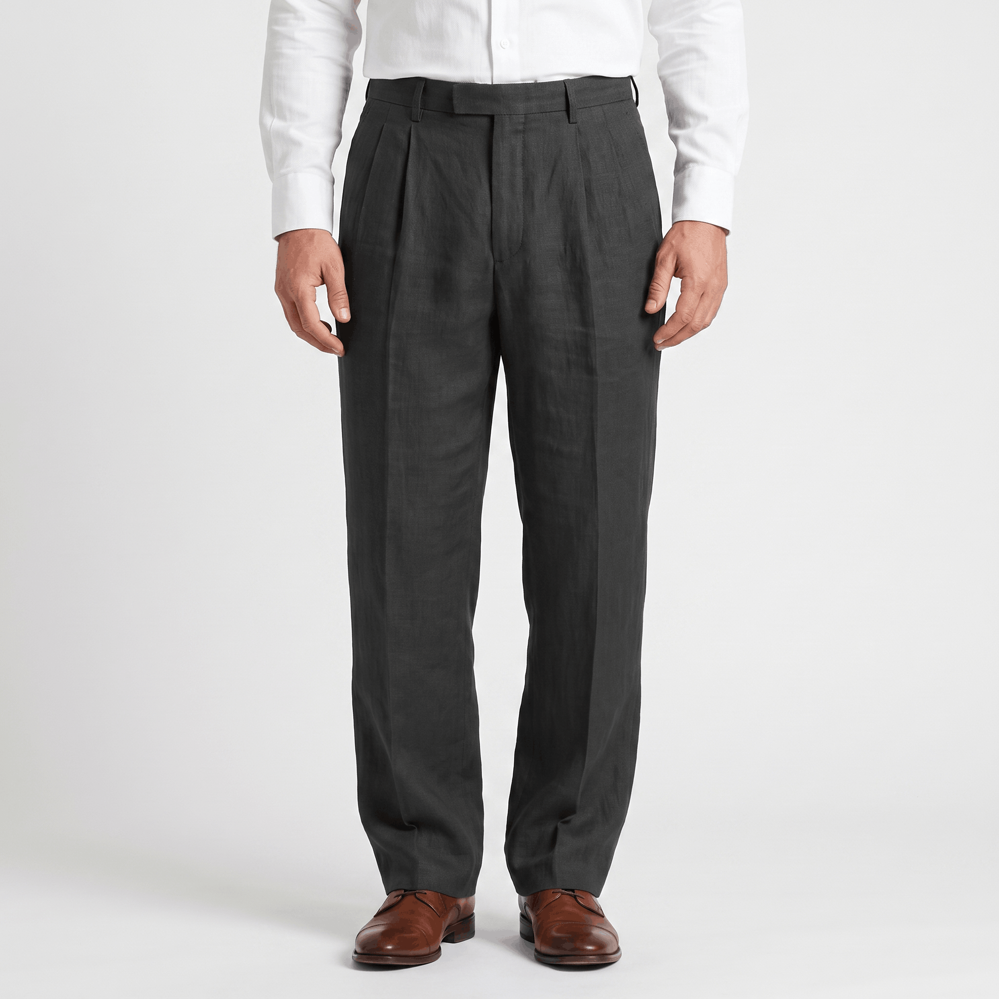 Men's charcoal linen pleated trousers with a straight-leg fit, front pleats, belt loops, and side pockets.