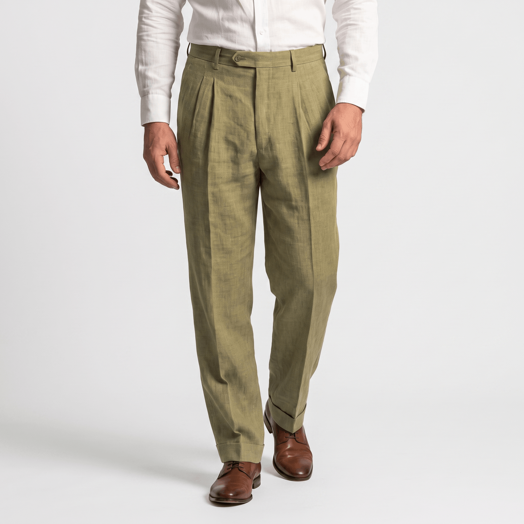 Men's olive green linen pleated trousers with a straight-leg fit, front pleats, belt loops, and side pockets.