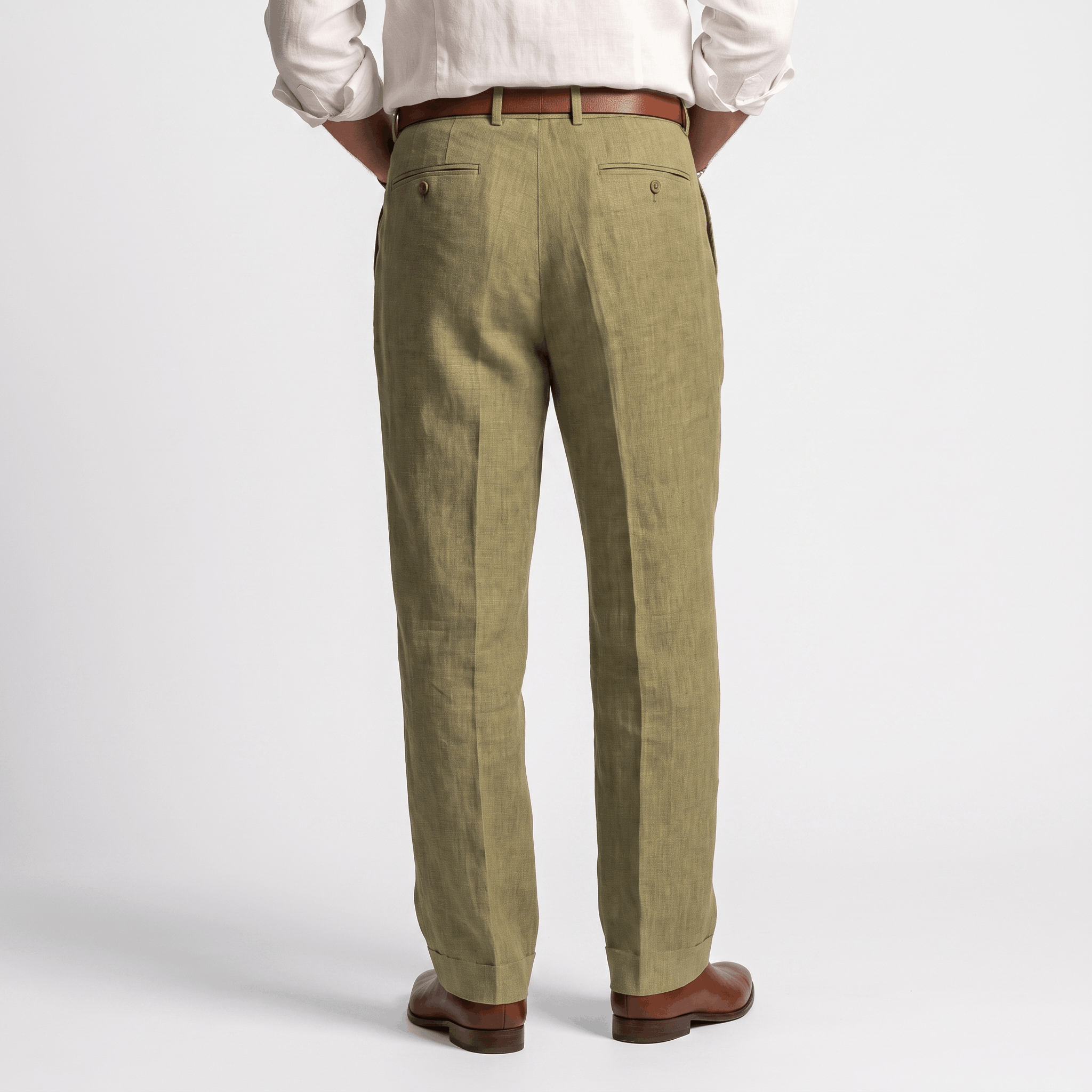 Back view of men's olive green linen pleated trousers with front pleats, belt loops, and a classic straight-leg fit.