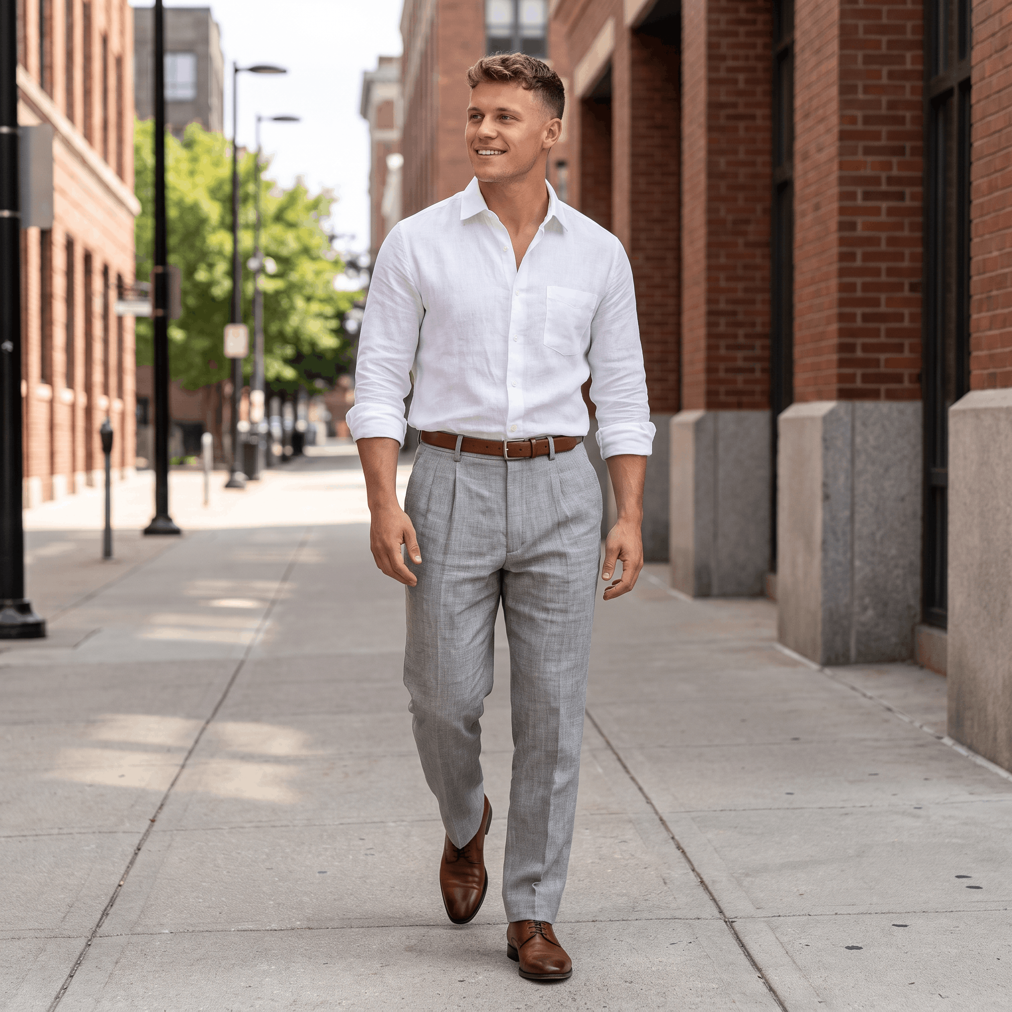 Man wearing light gray linen pleated trousers paired with a white long-sleeve linen button-up shirt, brown leather belt, and brown leather dress shoes while walking in an urban setting.