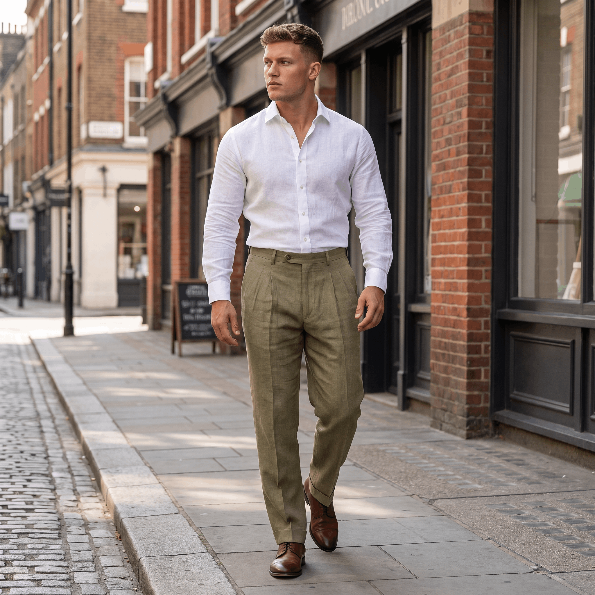 Man wearing olive green linen pleated trousers with a white long-sleeve linen button-up shirt and brown leather dress shoes while walking along a city street.