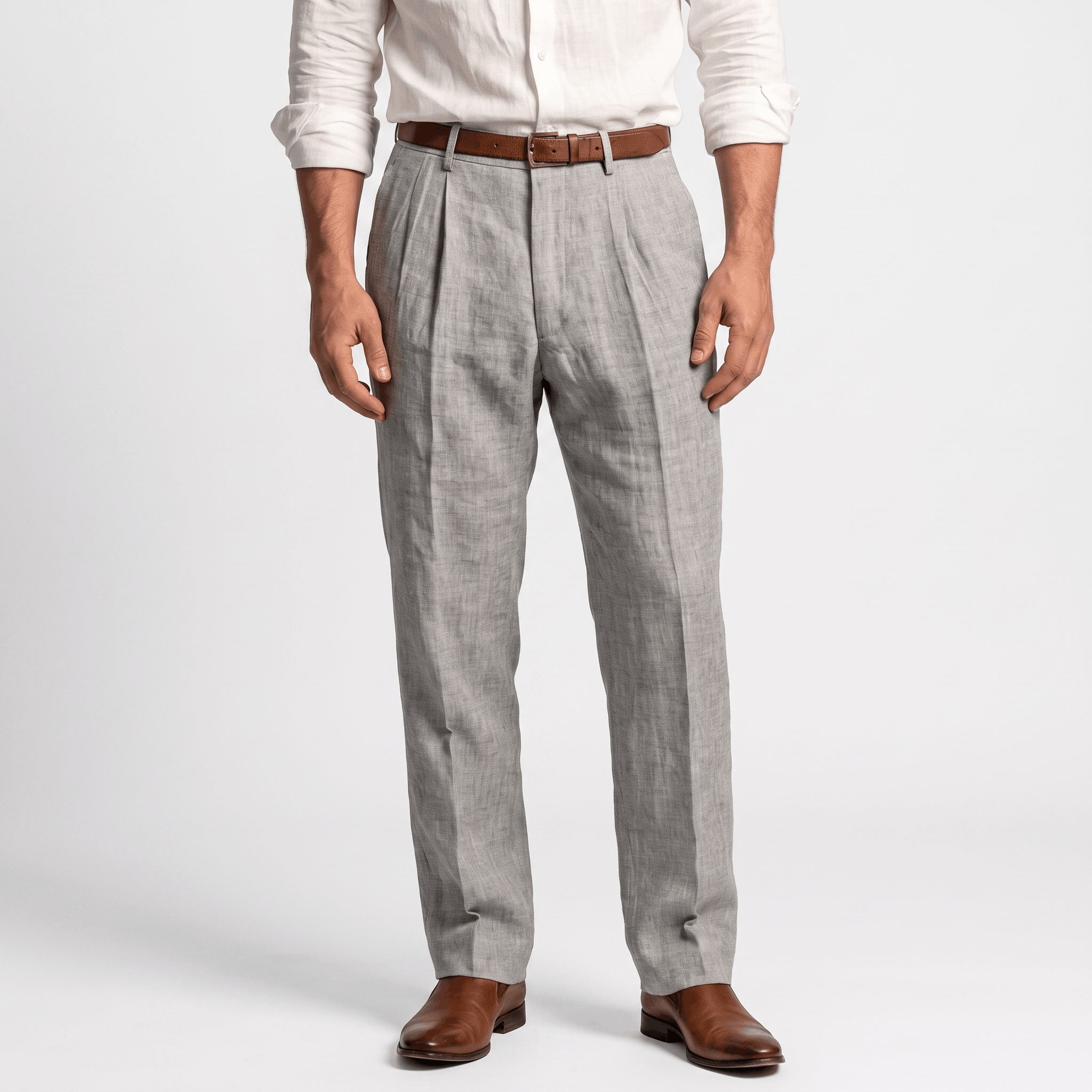 Back view of men's beige linen pleated trousers with a tailored straight-leg fit, belt loops, and breathable linen construction.