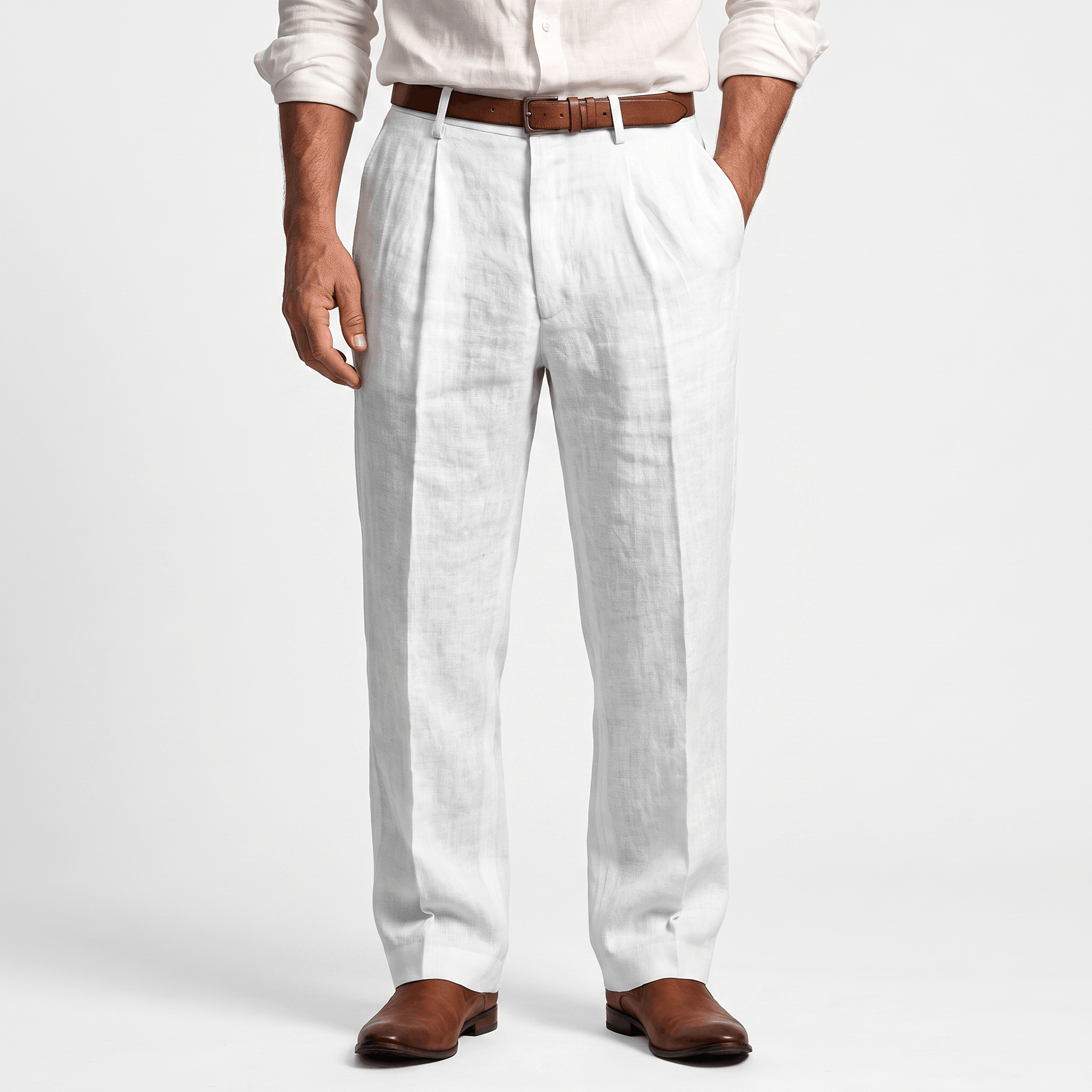 Men's white linen pleated trousers with a straight-leg fit, front pleats, belt loops, and side pockets.