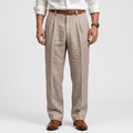 Men's beige linen pleated trousers with a straight-leg fit, front pleats, belt loops, side pockets, and a tailored silhouette.
