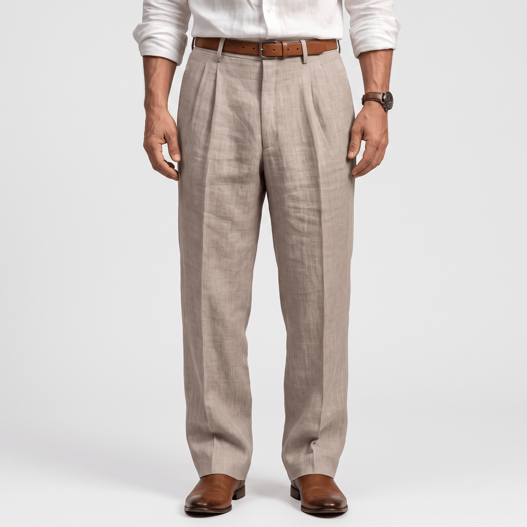Men's beige linen pleated trousers with a straight-leg fit, front pleats, belt loops, side pockets, and a tailored silhouette.