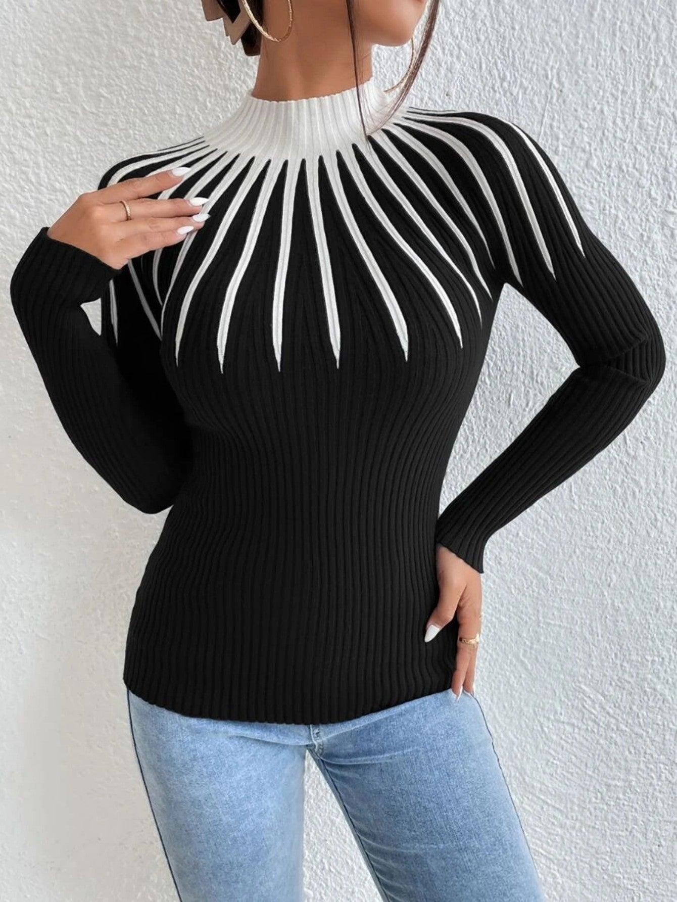 Alona Women’s Sweater – Ribbed Knit High Neck Slim Fit Pullover