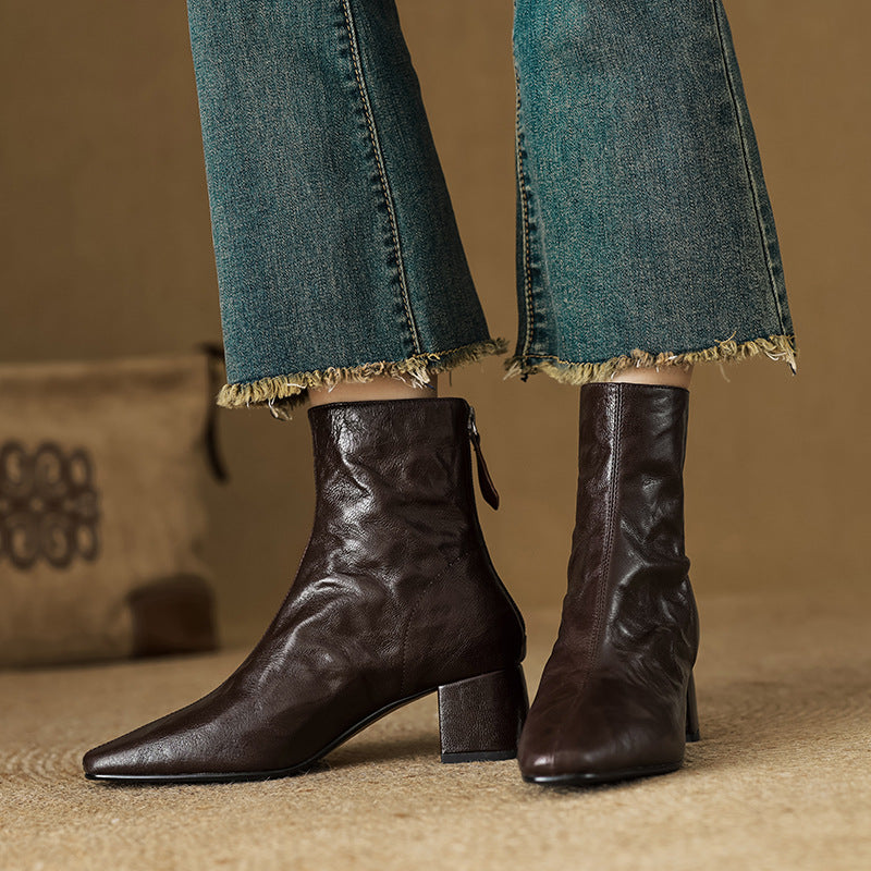 Thalassa Women’s Ankle Boots – Genuine Leather Square Toe with Comfortable Block Heel