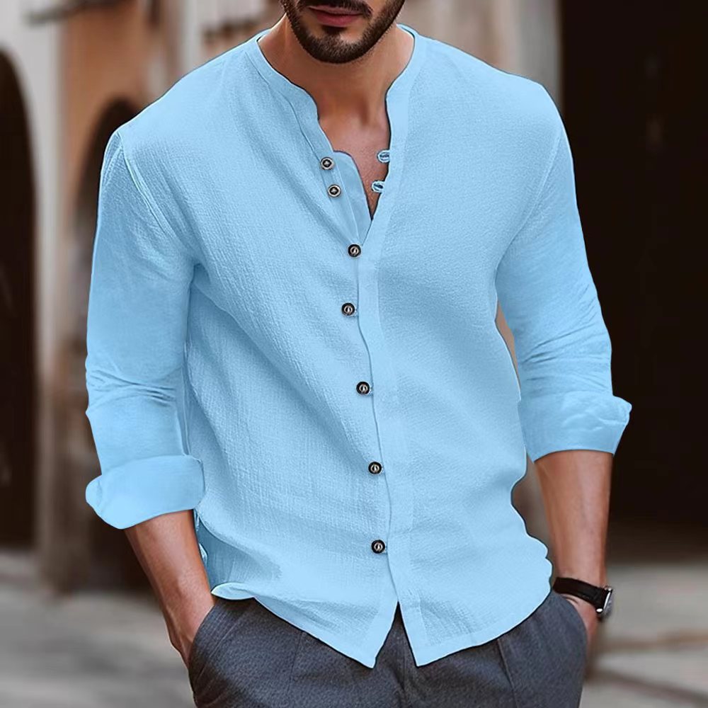 Tomas Relaxed Collarless Shirt – Long-Sleeve Shirt in Breathable Cotton-Linen Blend