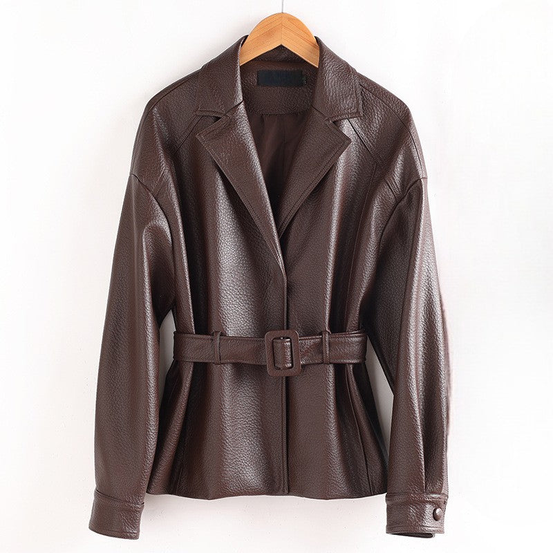 Bea Women’s Sheepskin Leather Jacket – Retro Belted Outerwear