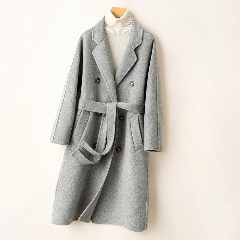 Theresa Women’s Cashmere Wrap Coat – Double-Breasted Wool Outerwear with Belted Waist