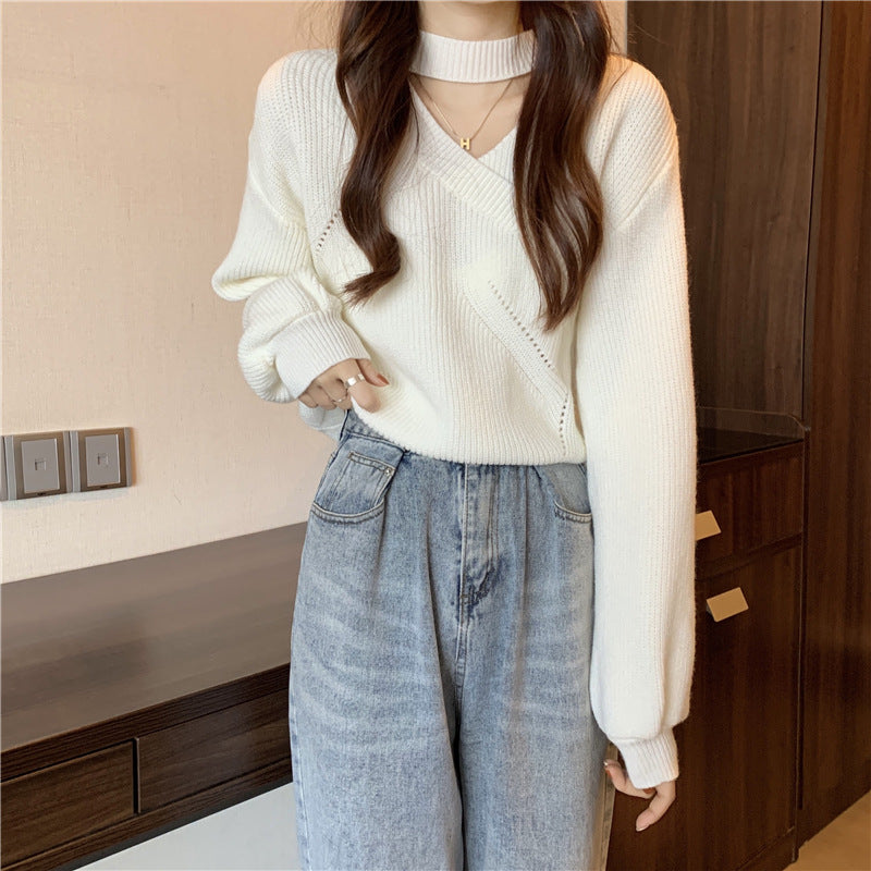 Marina Women’s Sweater – Ribbed V-Neck Choker Pullover