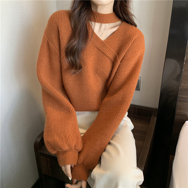 Marina Women’s Sweater – Ribbed V-Neck Choker Pullover