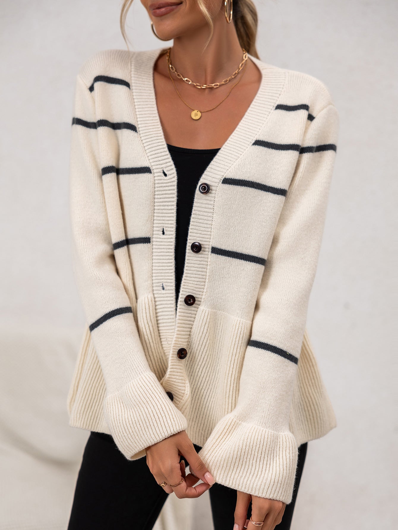 Mohaira Women’s Cardigan – Striped Knit Button-Up Cardigan