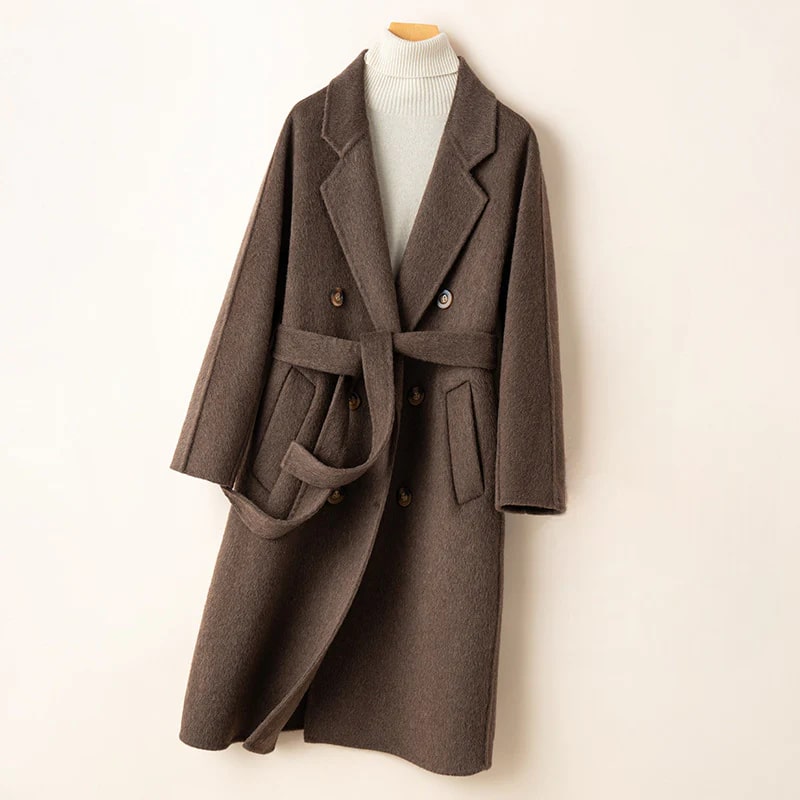 Theresa Women’s Cashmere Wrap Coat – Double-Breasted Wool Outerwear with Belted Waist