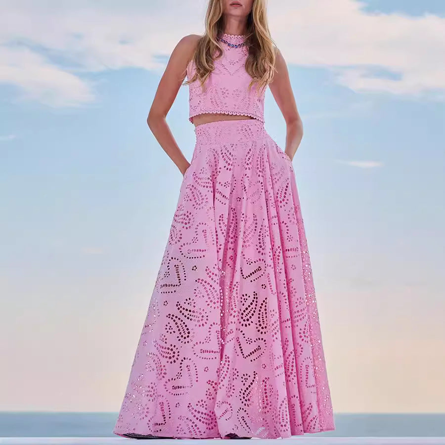 Clara Paris Embroidered Lace Set – Two-Piece Vest & Maxi Skirt for Romantic Summer Styling