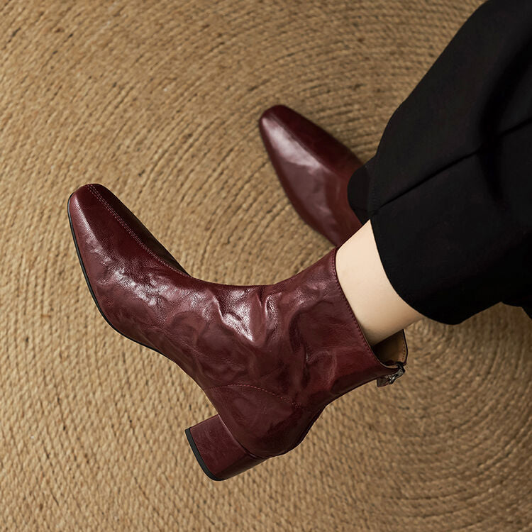 Thalassa Women’s Ankle Boots – Genuine Leather Square Toe with Comfortable Block Heel