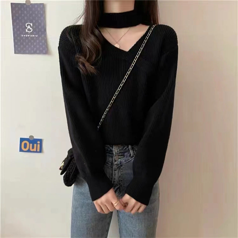 Marina Women’s Sweater – Ribbed V-Neck Choker Pullover