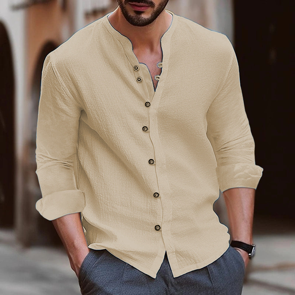 Tomas Relaxed Collarless Shirt – Long-Sleeve Shirt in Breathable Cotton-Linen Blend