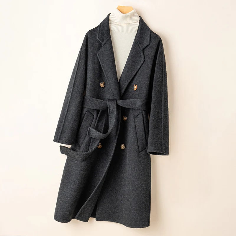 Theresa Women’s Cashmere Wrap Coat – Double-Breasted Wool Outerwear with Belted Waist