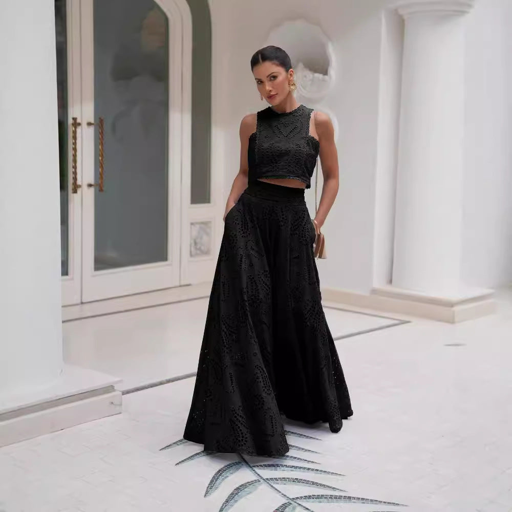 Clara Paris Embroidered Lace Set – Two-Piece Vest & Maxi Skirt for Romantic Summer Styling