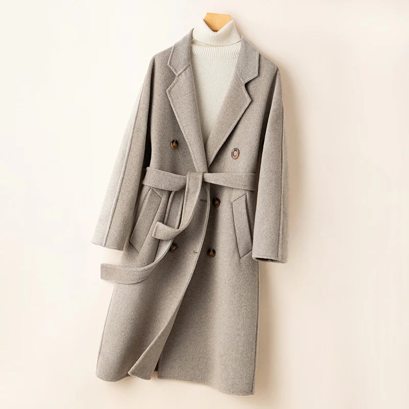 Theresa Women’s Cashmere Wrap Coat – Double-Breasted Wool Outerwear with Belted Waist