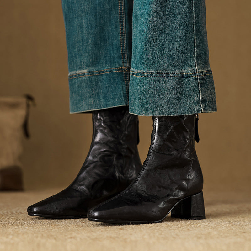 Thalassa Women’s Ankle Boots – Genuine Leather Square Toe with Comfortable Block Heel