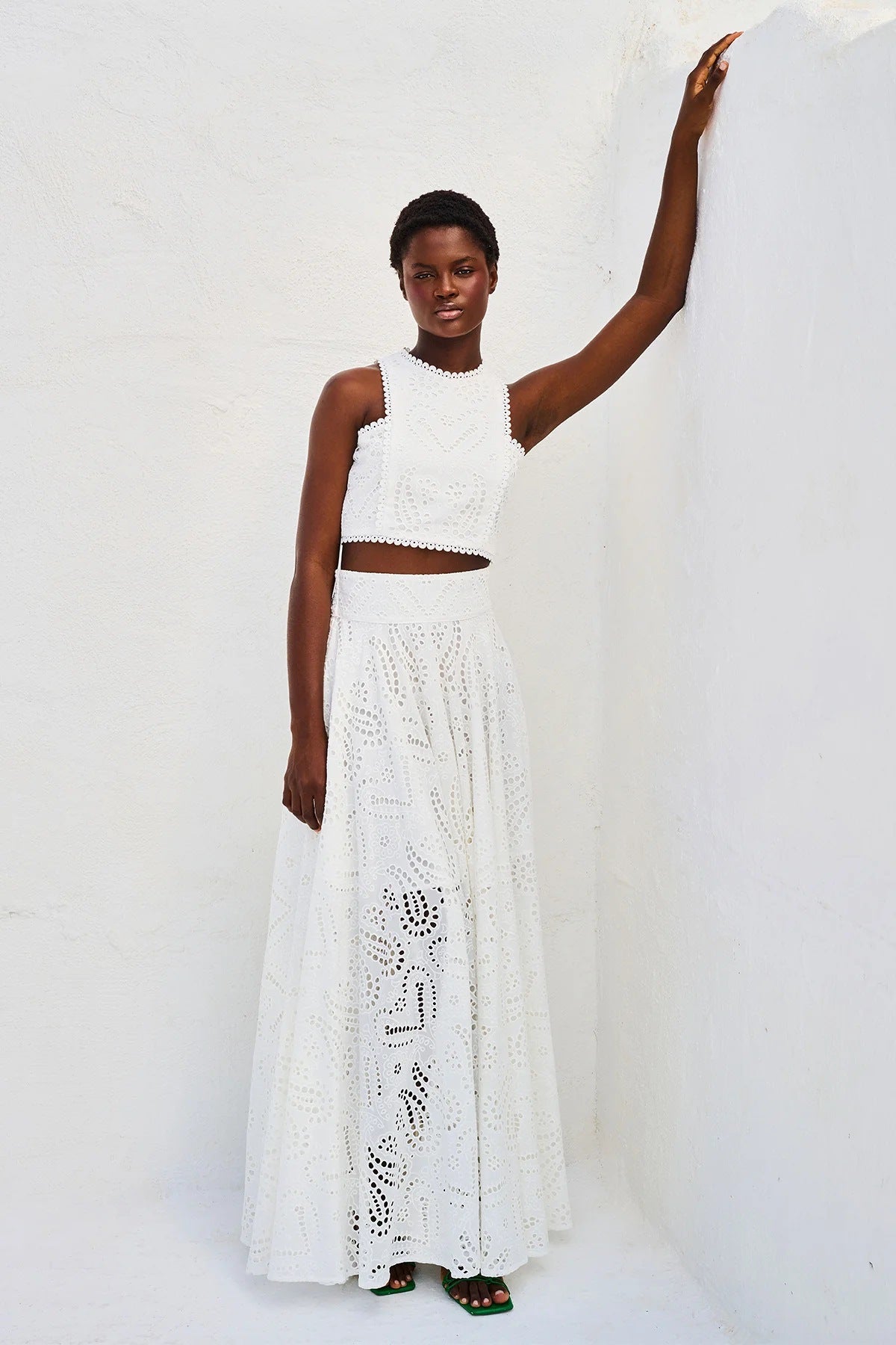 Clara Paris Embroidered Lace Set – Two-Piece Vest & Maxi Skirt for Romantic Summer Styling