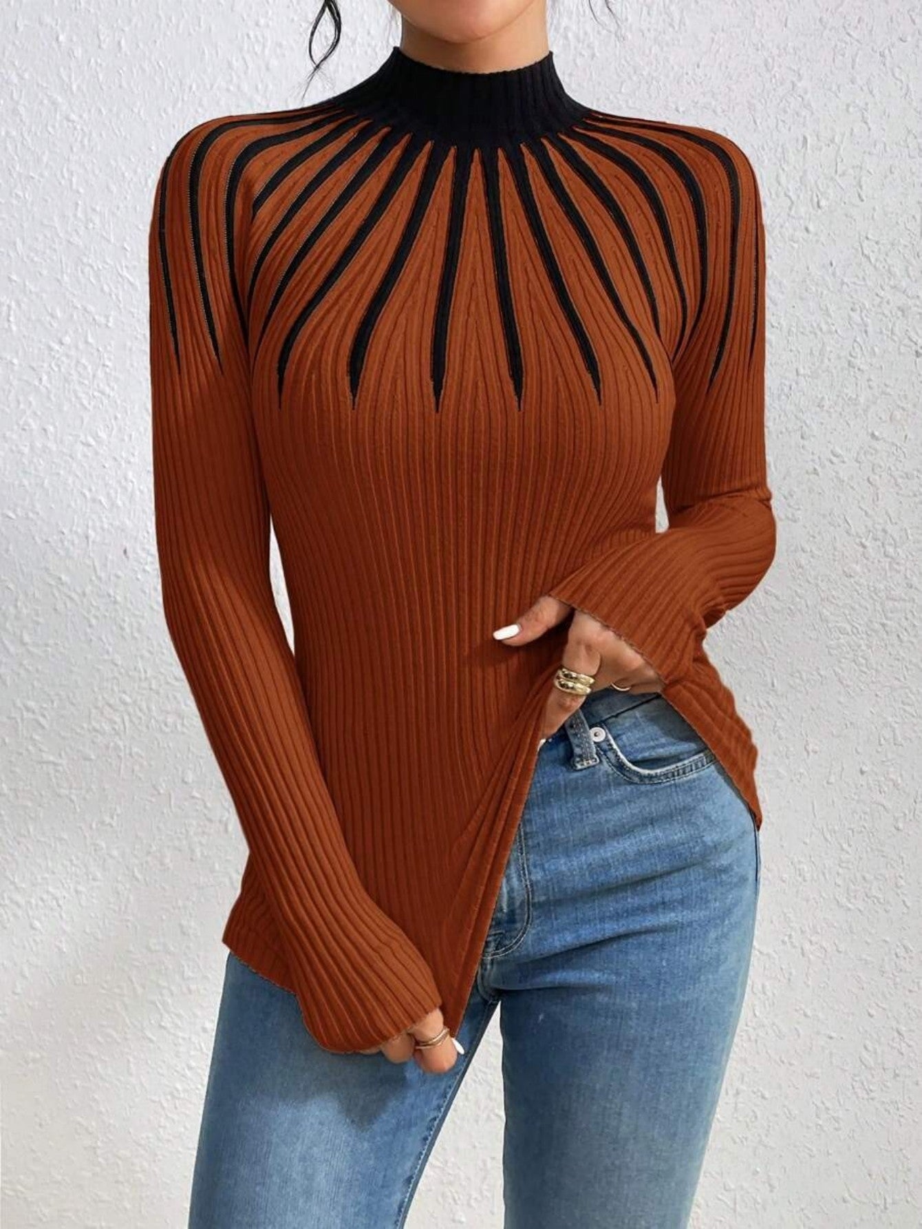 Alona Women’s Sweater – Ribbed Knit High Neck Slim Fit Pullover