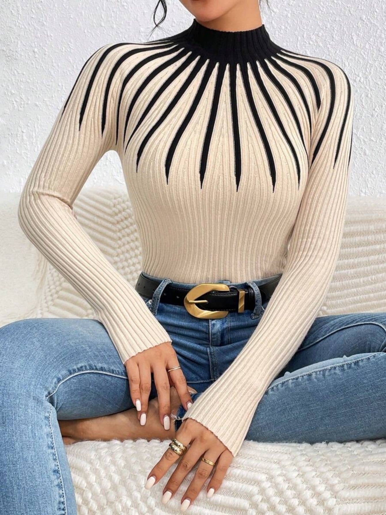 Alona Women’s Sweater – Ribbed Knit High Neck Slim Fit Pullover