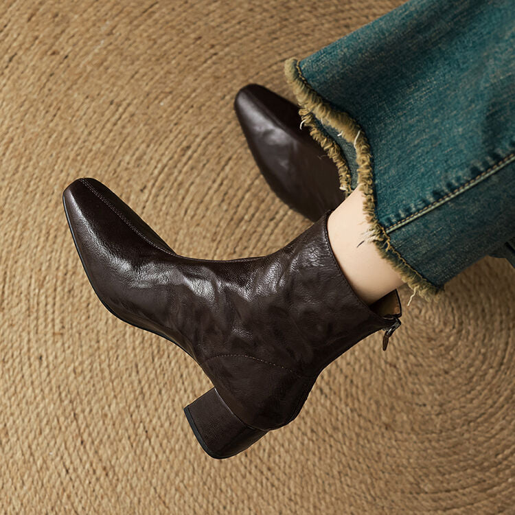 Thalassa Women’s Ankle Boots – Genuine Leather Square Toe with Comfortable Block Heel