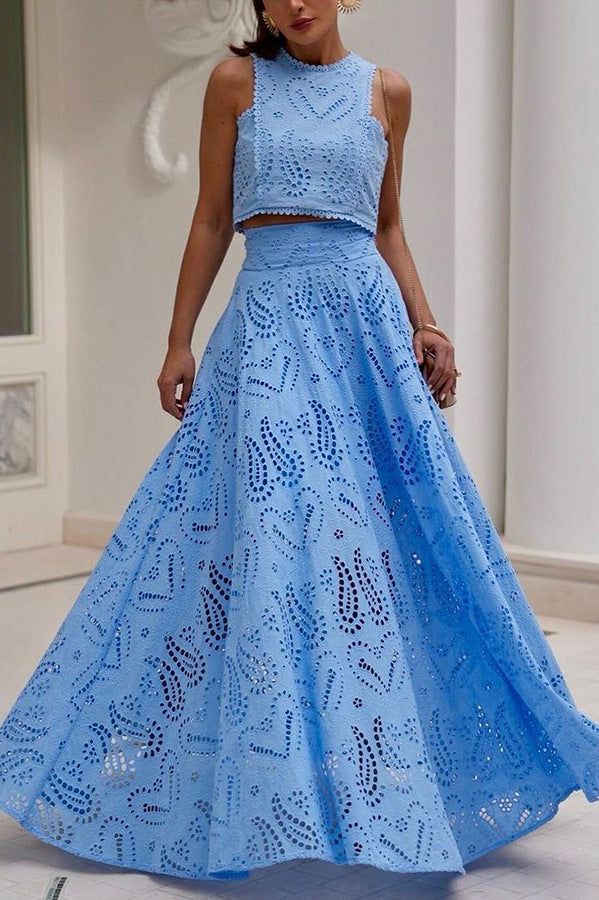 Clara Paris Embroidered Lace Set – Two-Piece Vest & Maxi Skirt for Romantic Summer Styling