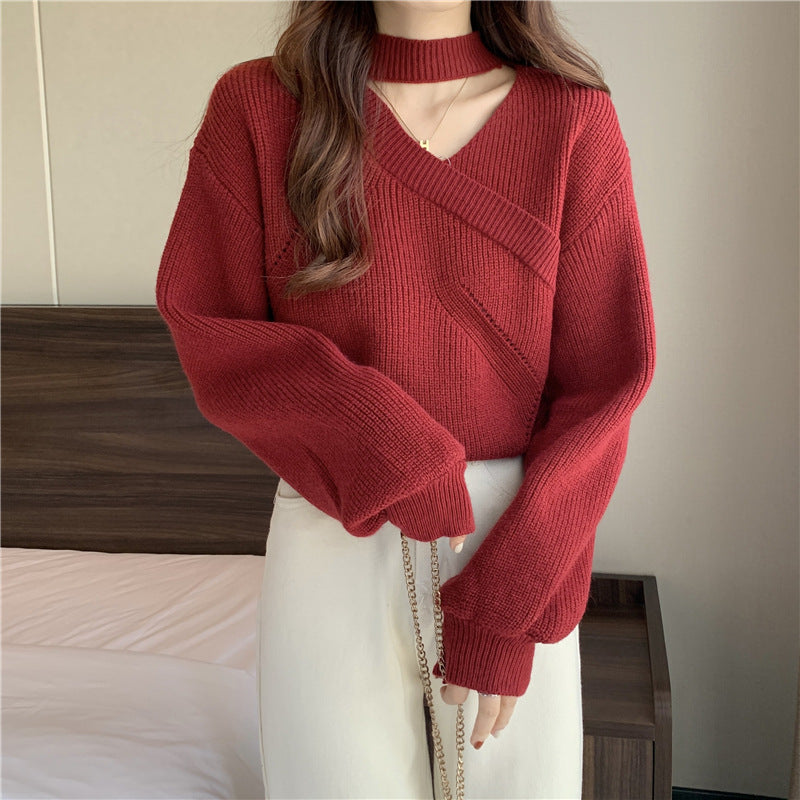 Marina Women’s Sweater – Ribbed V-Neck Choker Pullover