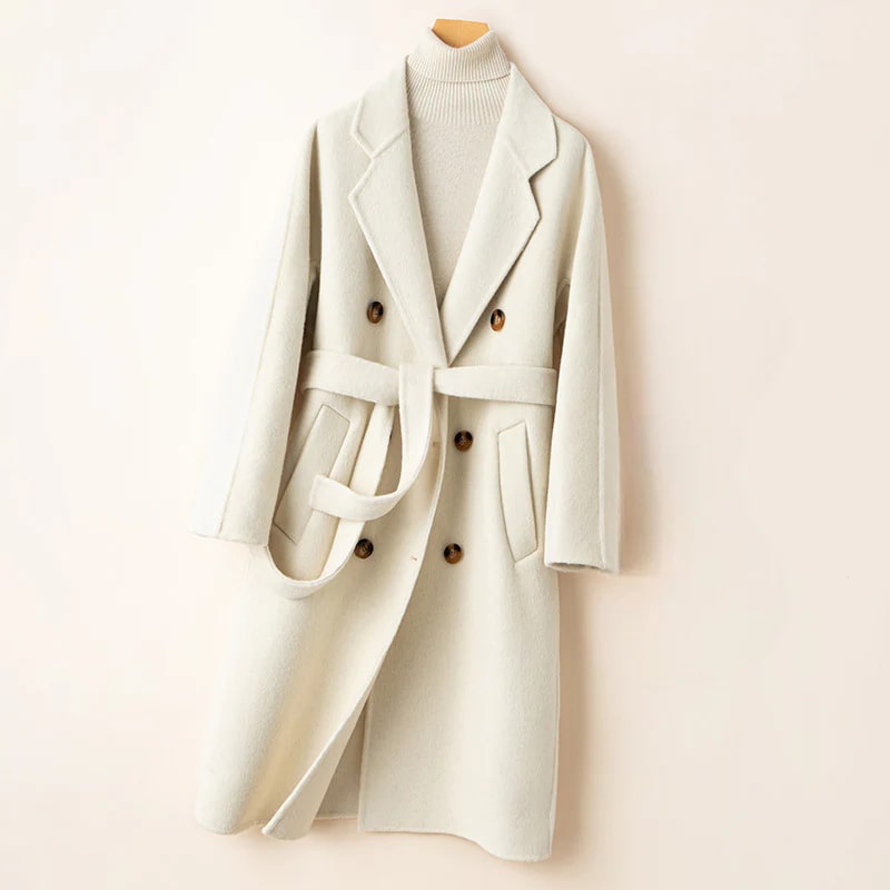 Theresa Women’s Cashmere Wrap Coat – Double-Breasted Wool Outerwear with Belted Waist