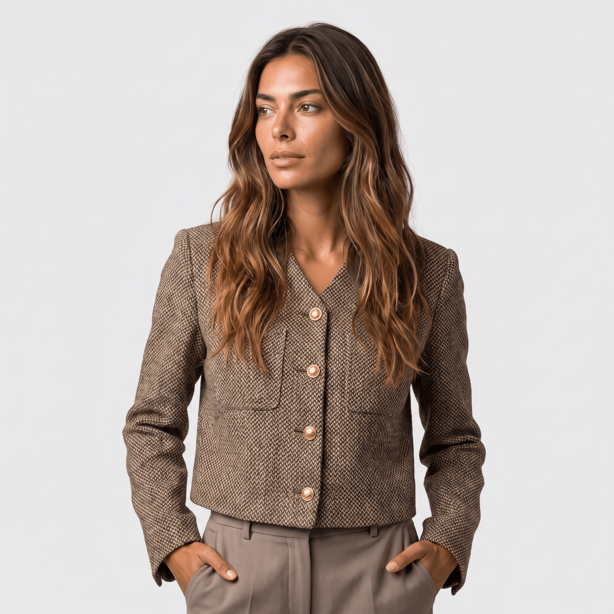 Three-quarter view of a woman wearing a brown tweed blazer with gold-tone buttons, round neckline, and tailored fit.