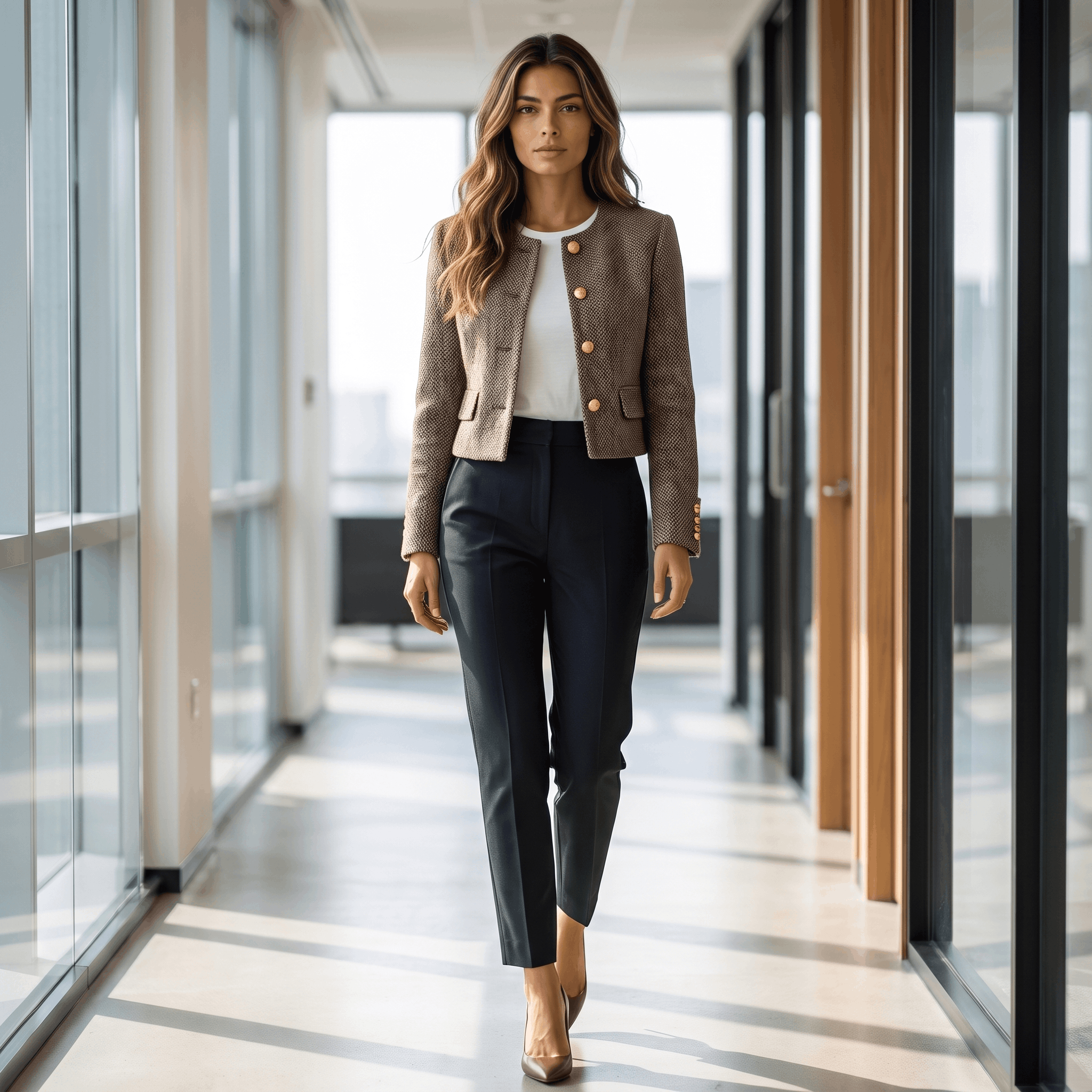 Woman wearing a brown tweed blazer with black trousers while walking through a bright modern interior.