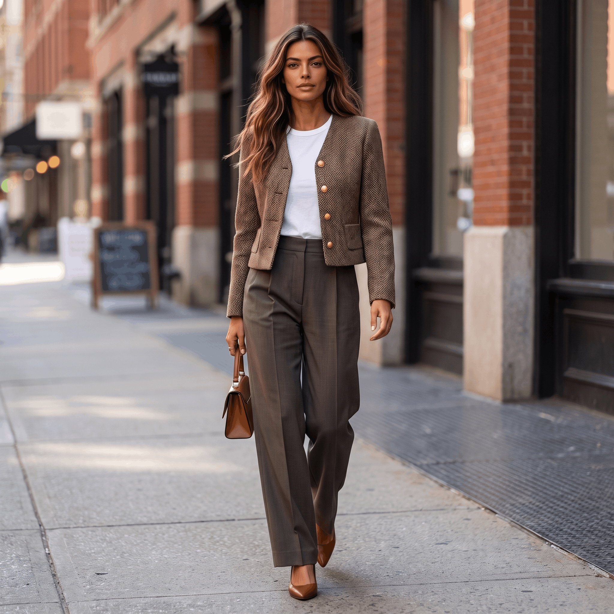 Woman wearing a brown textured tweed blazer with black trousers and brown ankle boots while walking along a city sidewalk.
