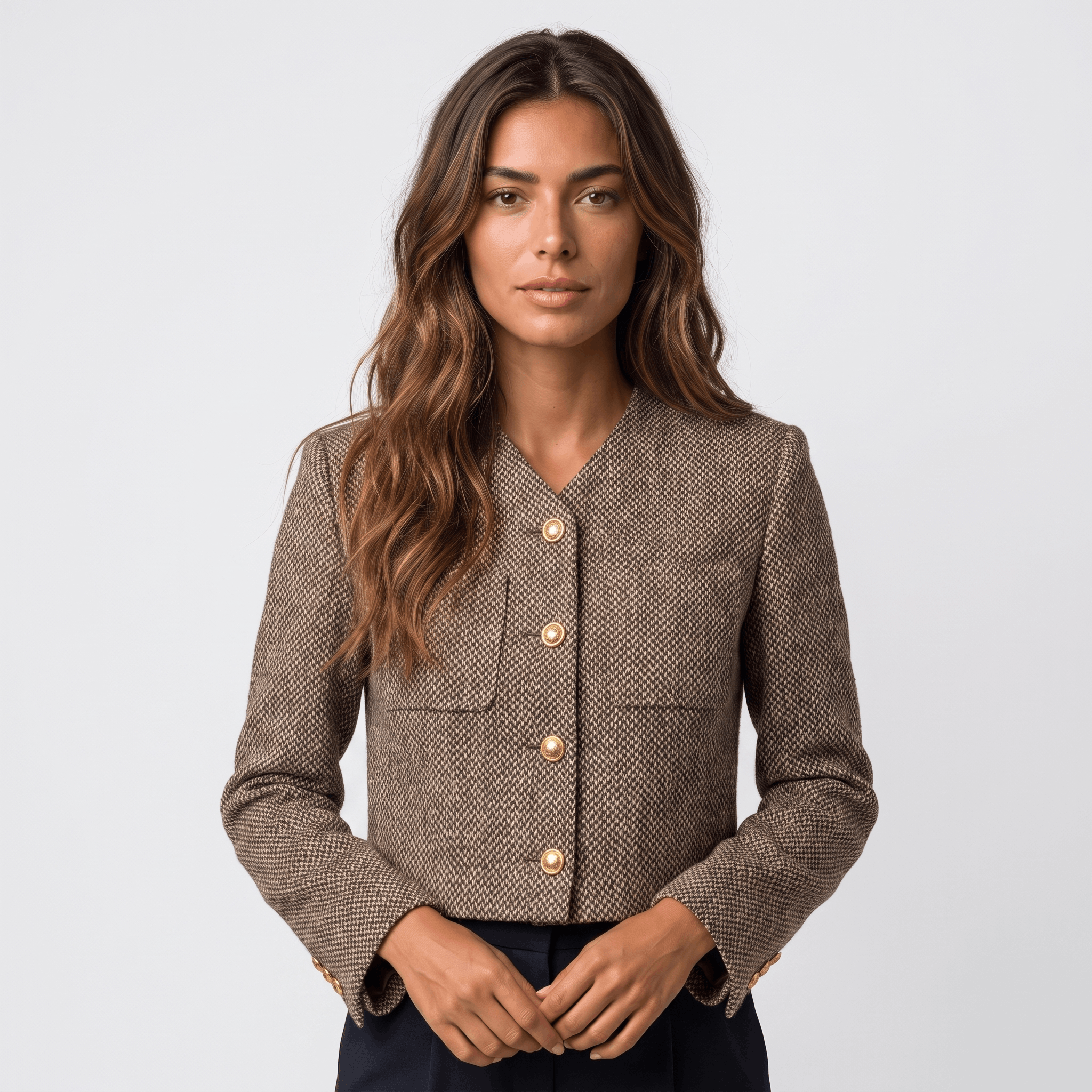 Woman wearing a brown textured tweed blazer with gold-tone button closure, round neckline, long sleeves, and tailored silhouette.