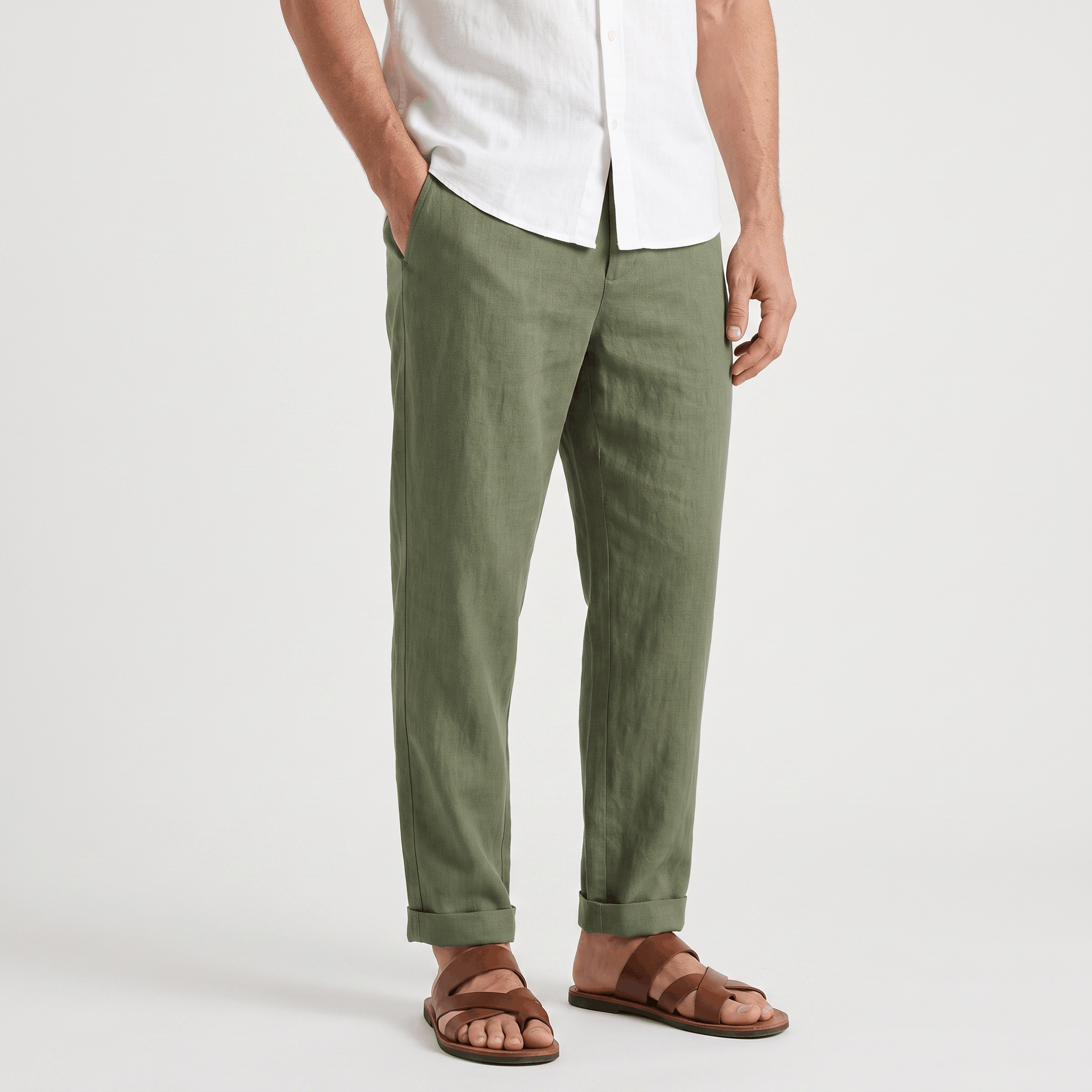 Men's olive green linen pants with a straight-leg fit, button closure, and breathable linen fabric.