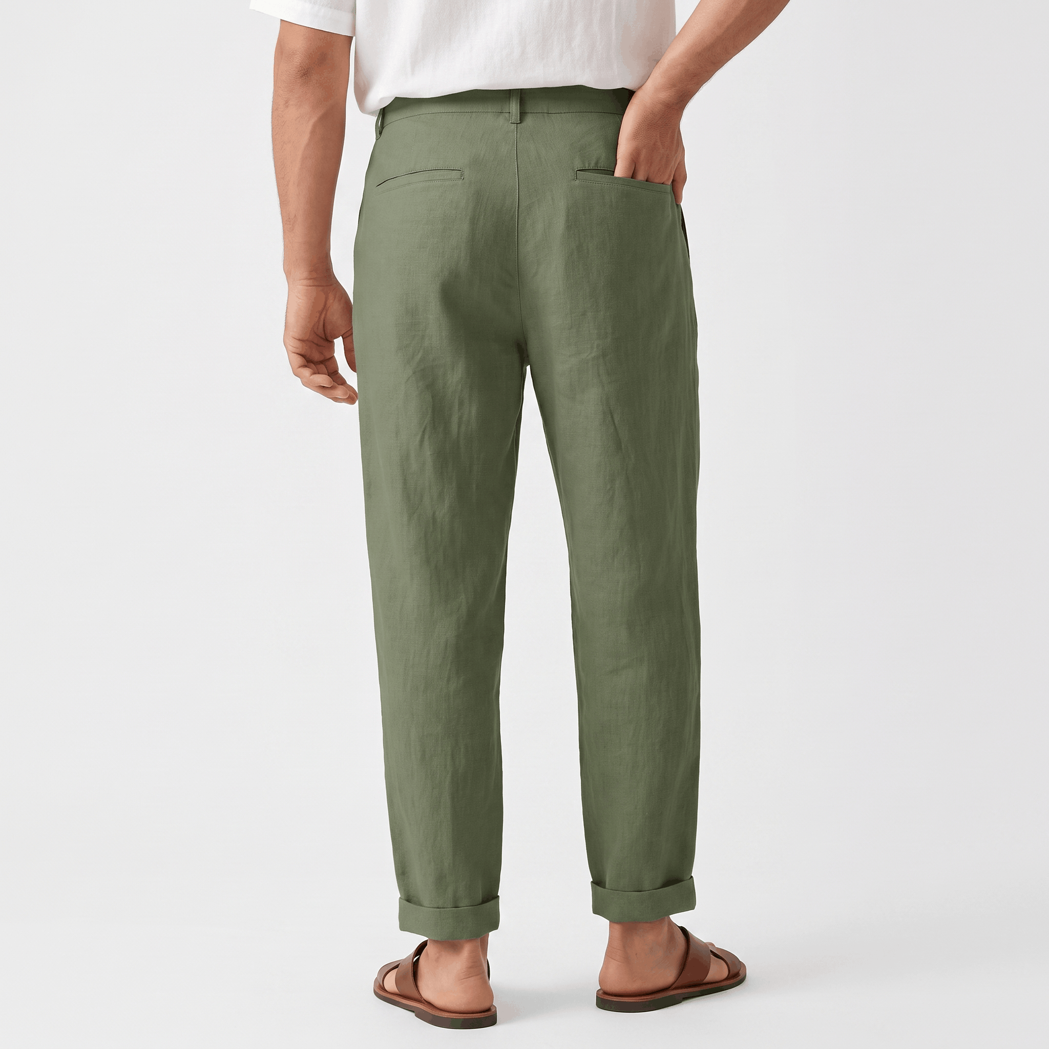 Back view of men's olive green linen pants with a classic straight-leg fit and lightweight linen construction.